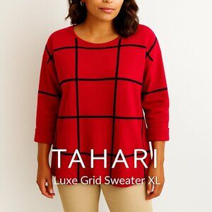 TAHARI Luxe Grid Sweater XL  Bold Red Elegance-quiet luxury and timeless design
